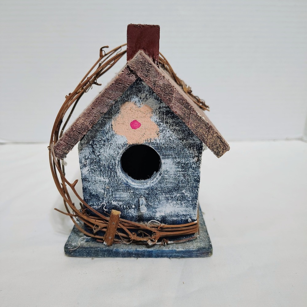Rustic Decorative Birdhouse Blue White Distressed Flower Twig Vine Garden Decor